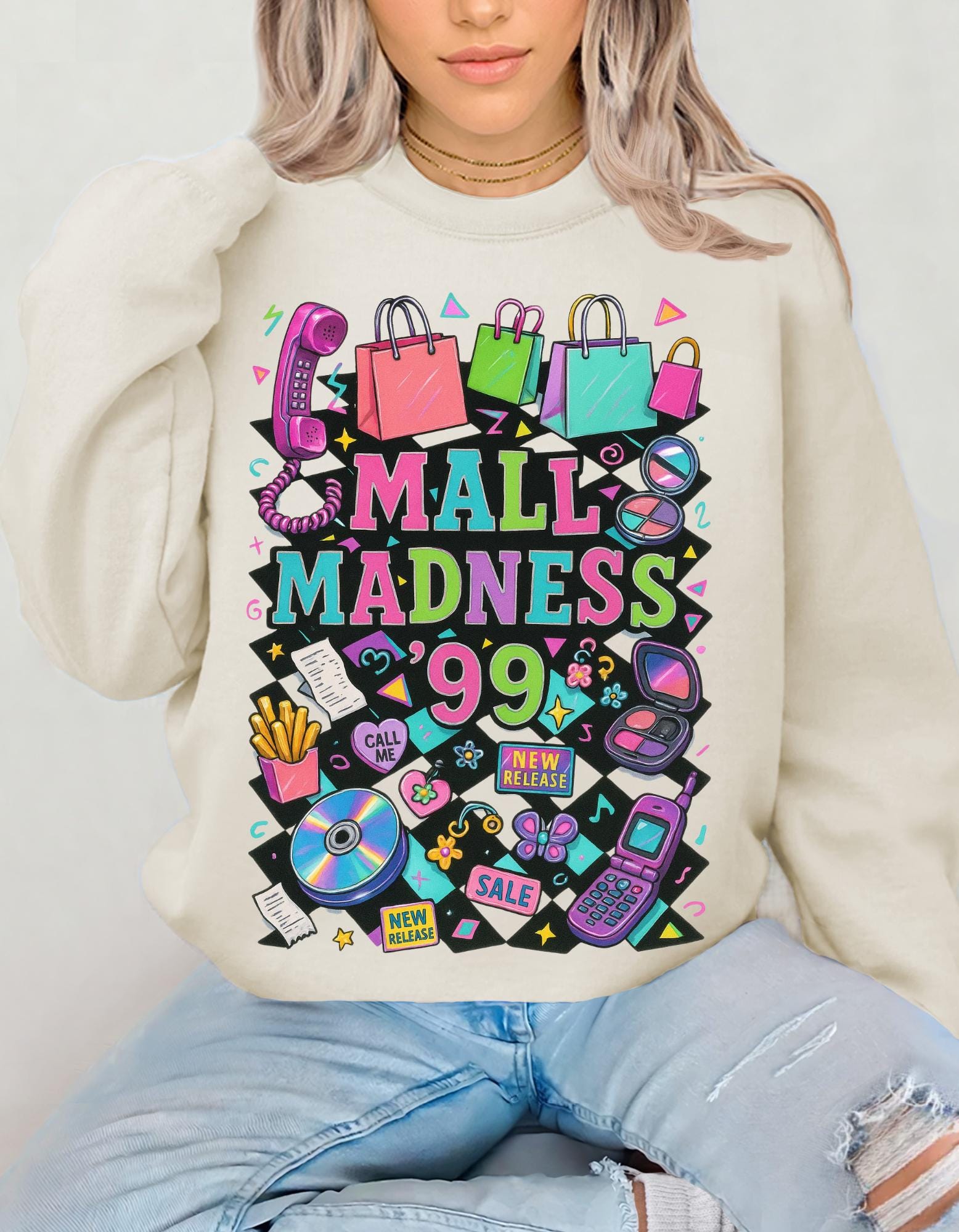 Mall Madness 99 Graphic Sweatshirt | Shopping Retro Arcade Design Unisex Crewneck