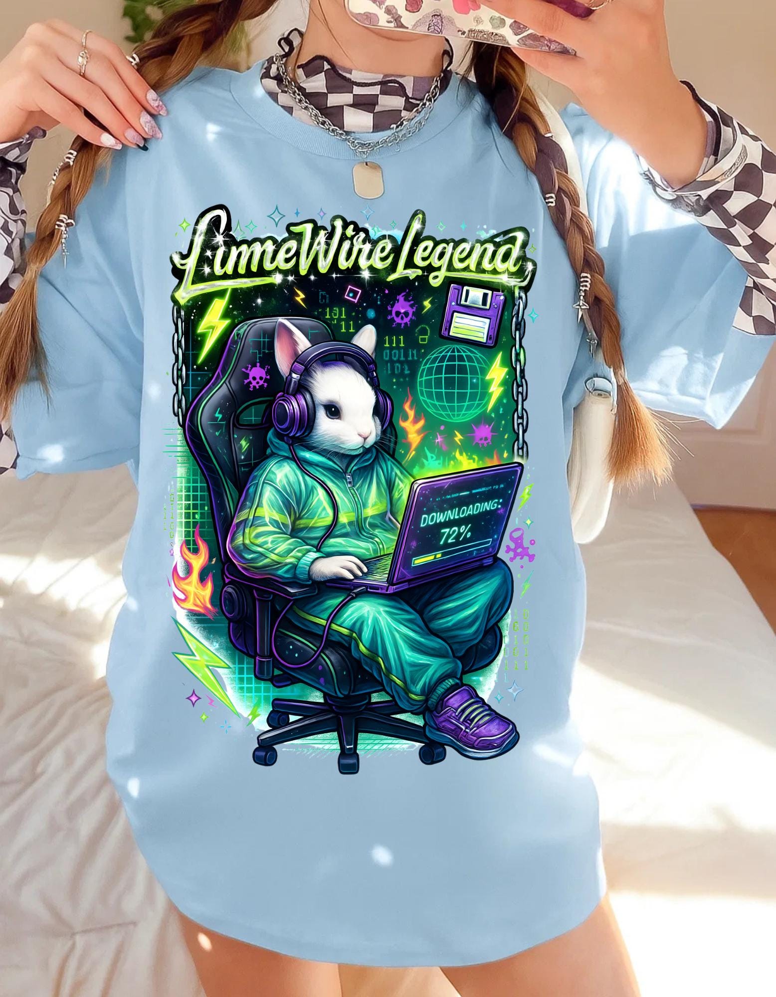 LimeWire Legend Y2K Bunny Computer Graphic T-Shirt - Retro Tech Nostalgia Tee