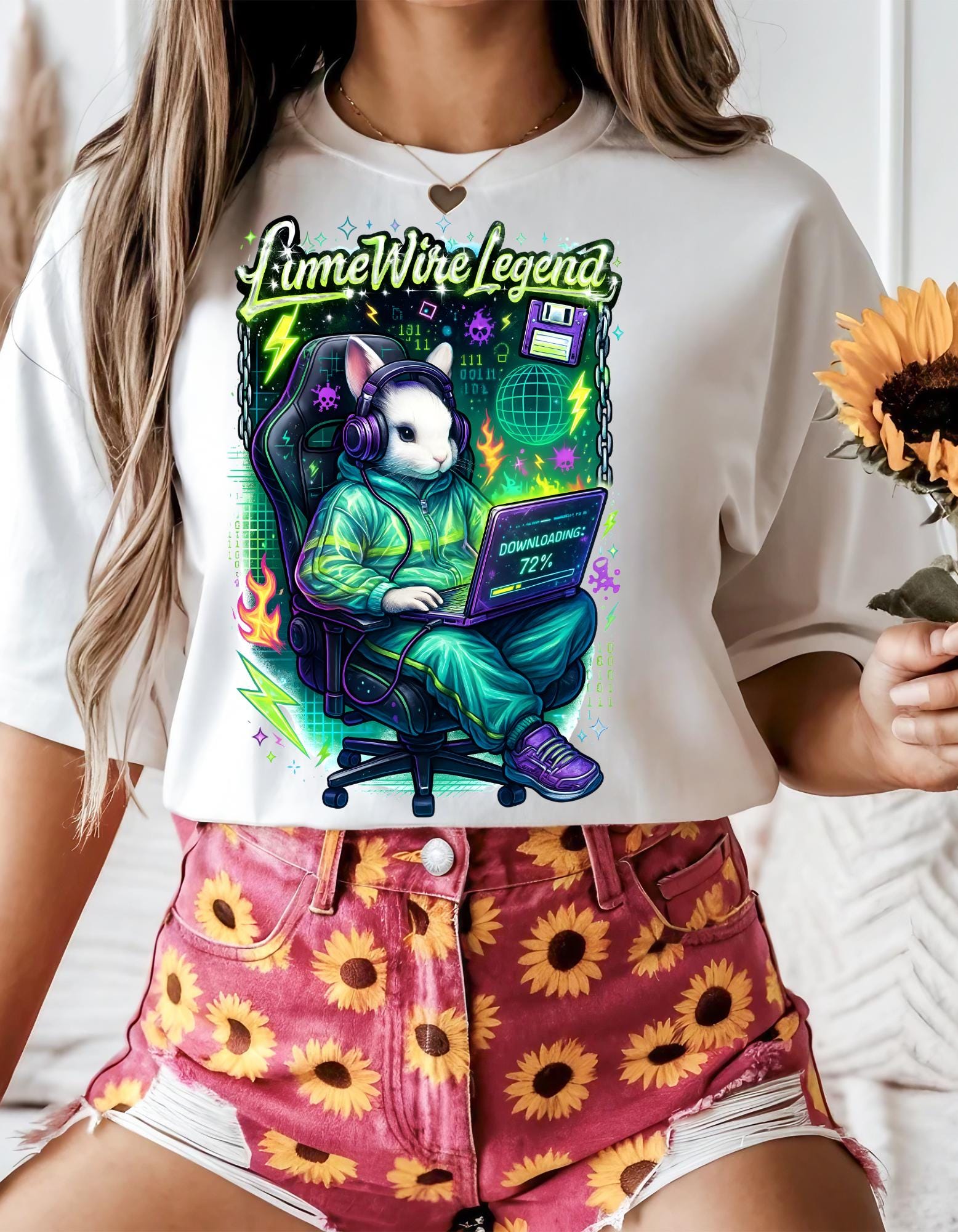 LimeWire Legend Y2K Bunny Computer Graphic T-Shirt - Retro Tech Nostalgia Tee