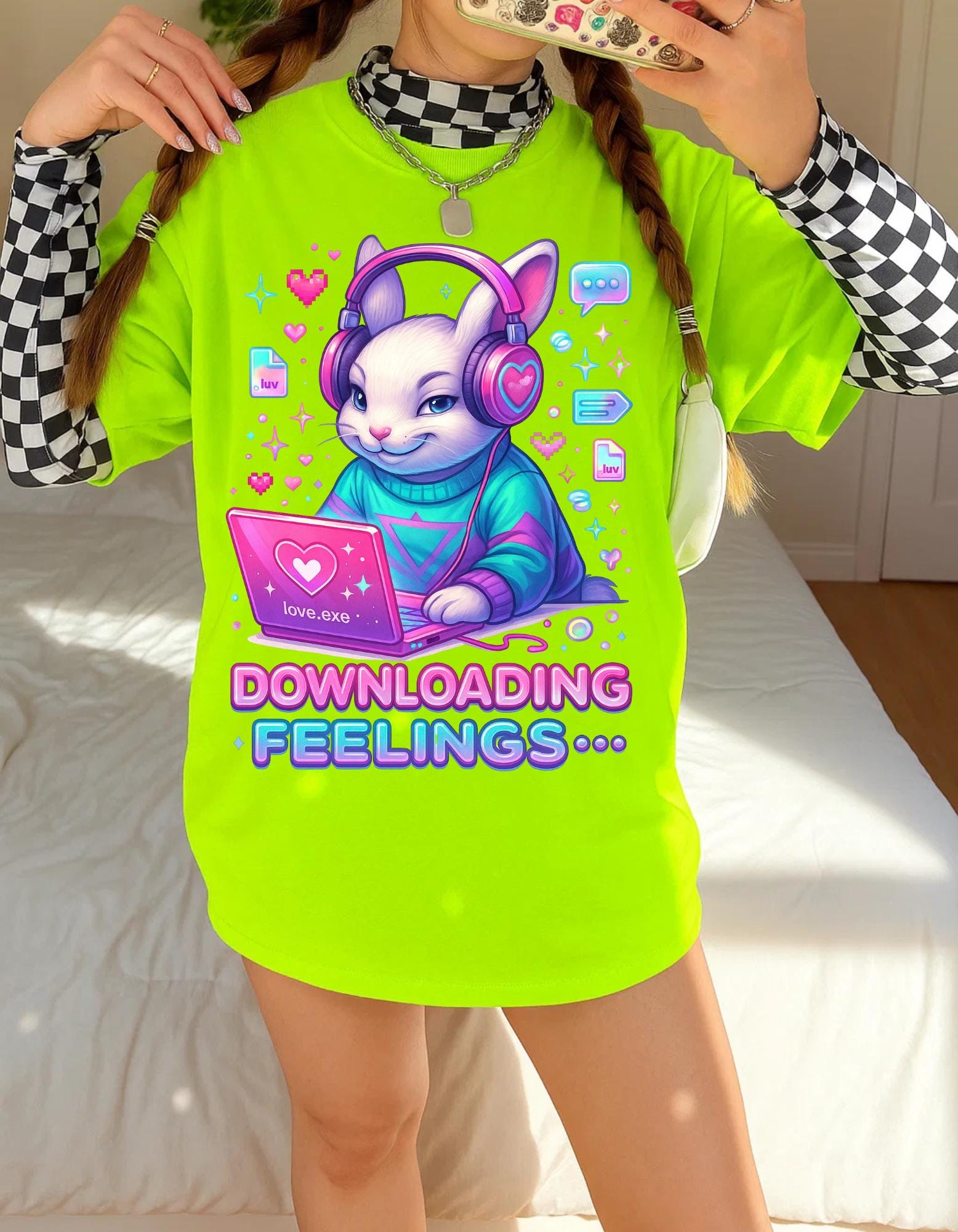 Cyber Bunny Graphic Tee: Y2K Pink Techcore Shirt