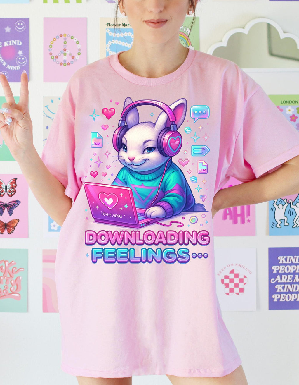 Cyber Bunny Graphic Tee: Y2K Pink Techcore Shirt