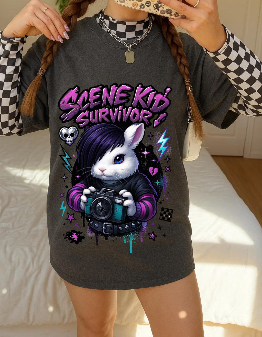 Scene Kid Survivor Emo Bunny Y2K Nostalgia Graphic Tee Alternative Fashion Shirt