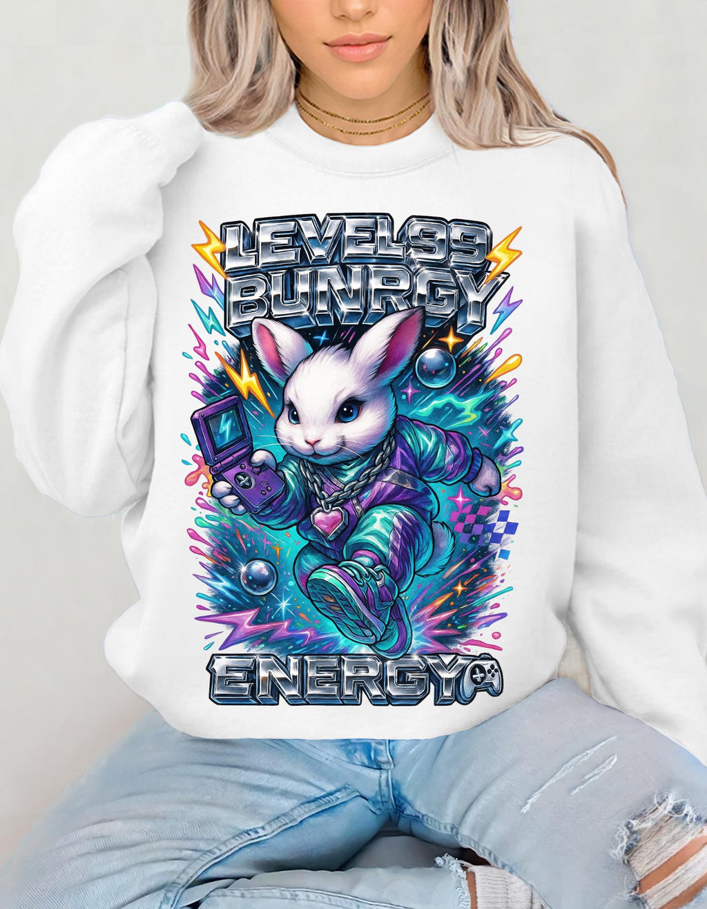 Level 99 Bunny Energy Sweatshirt | Y2K Gamer Hoodie | 2000s Nostalgia Gift | Retro Arcade Streetwear