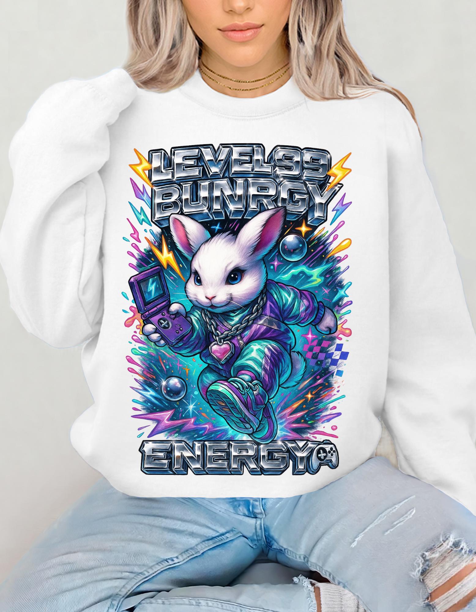 Level 99 Bunny Energy Sweatshirt | Y2K Gamer Hoodie | 2000s Nostalgia Gift | Retro Arcade Streetwear