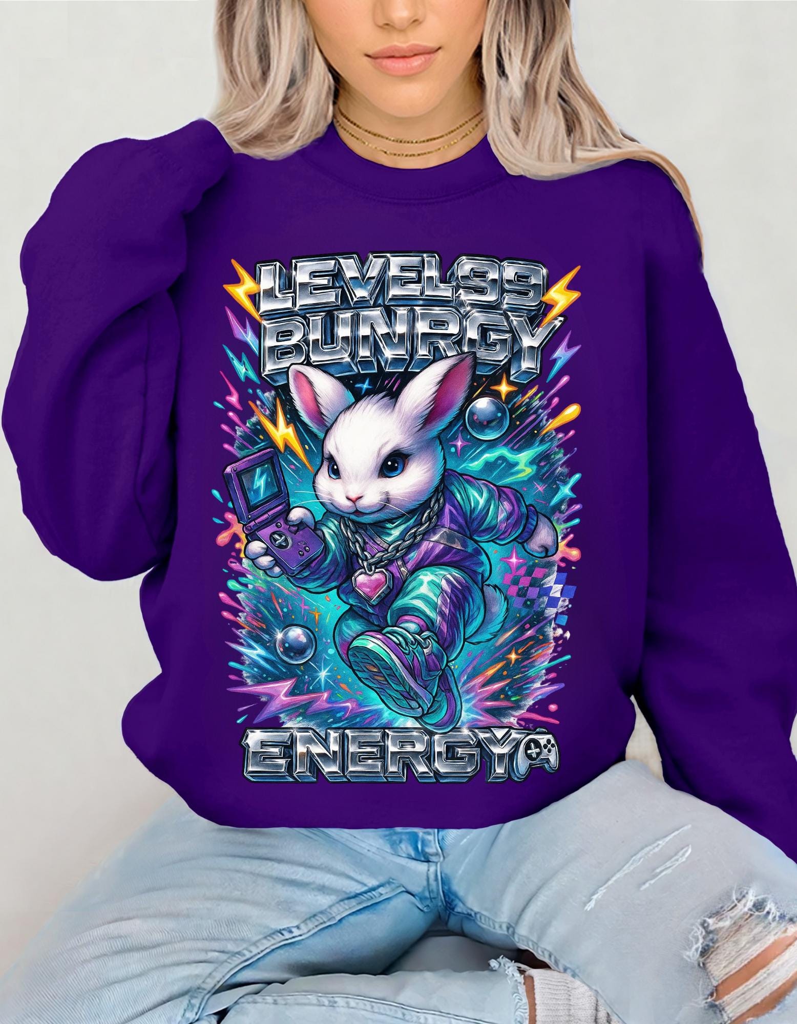 Level 99 Bunny Energy Sweatshirt | Y2K Gamer Hoodie | 2000s Nostalgia Gift | Retro Arcade Streetwear