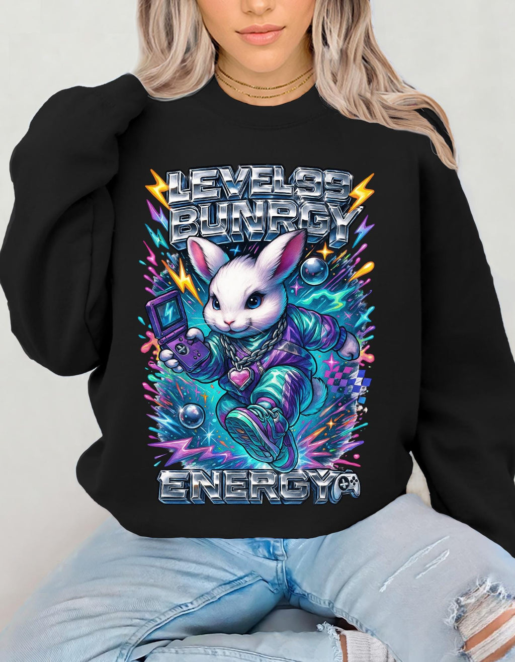 Level 99 Bunny Energy Sweatshirt | Y2K Gamer Hoodie | 2000s Nostalgia Gift | Retro Arcade Streetwear