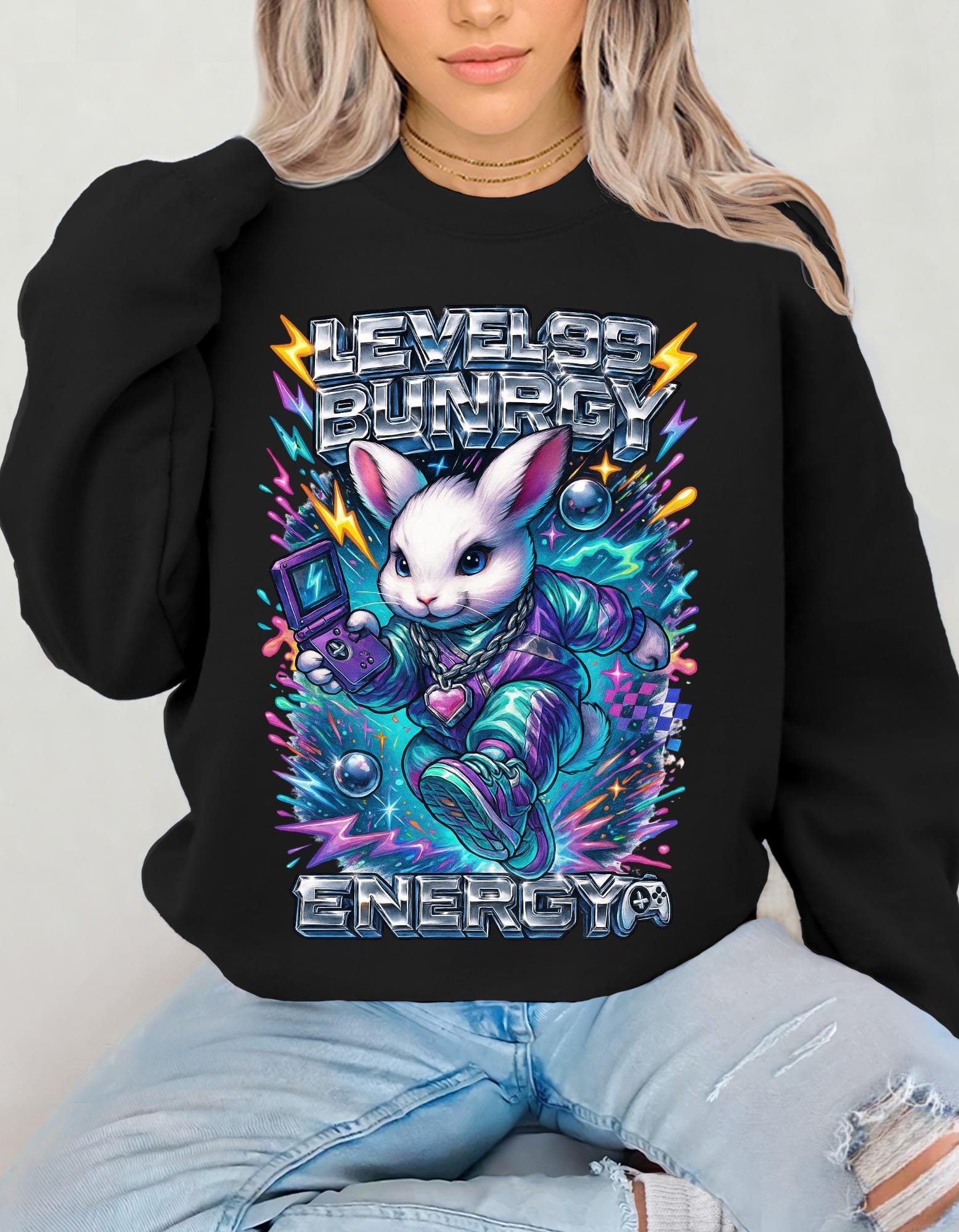 Level 99 Bunny Energy Sweatshirt | Y2K Gamer Hoodie | 2000s Nostalgia Gift | Retro Arcade Streetwear
