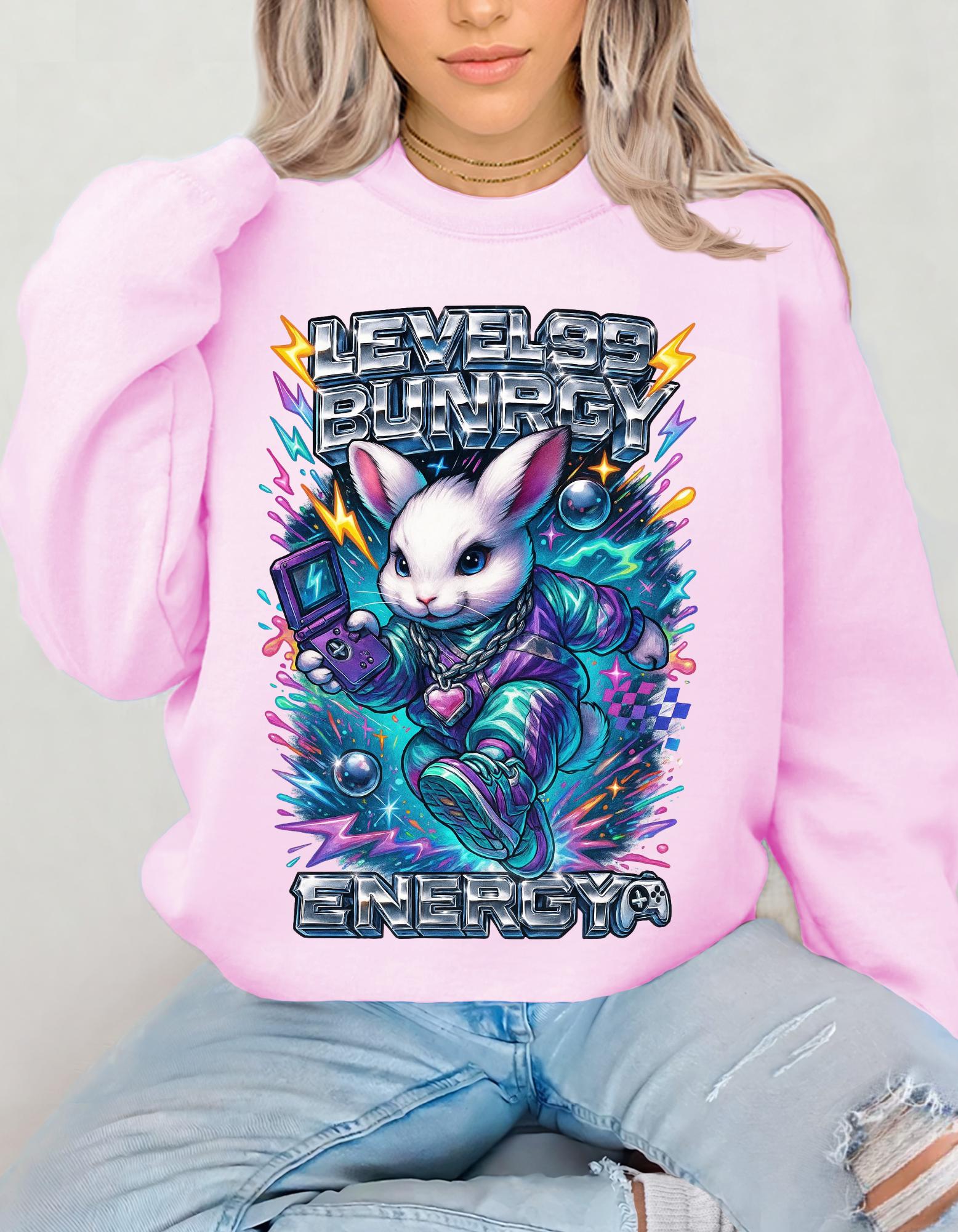 Level 99 Bunny Energy Sweatshirt | Y2K Gamer Hoodie | 2000s Nostalgia Gift | Retro Arcade Streetwear