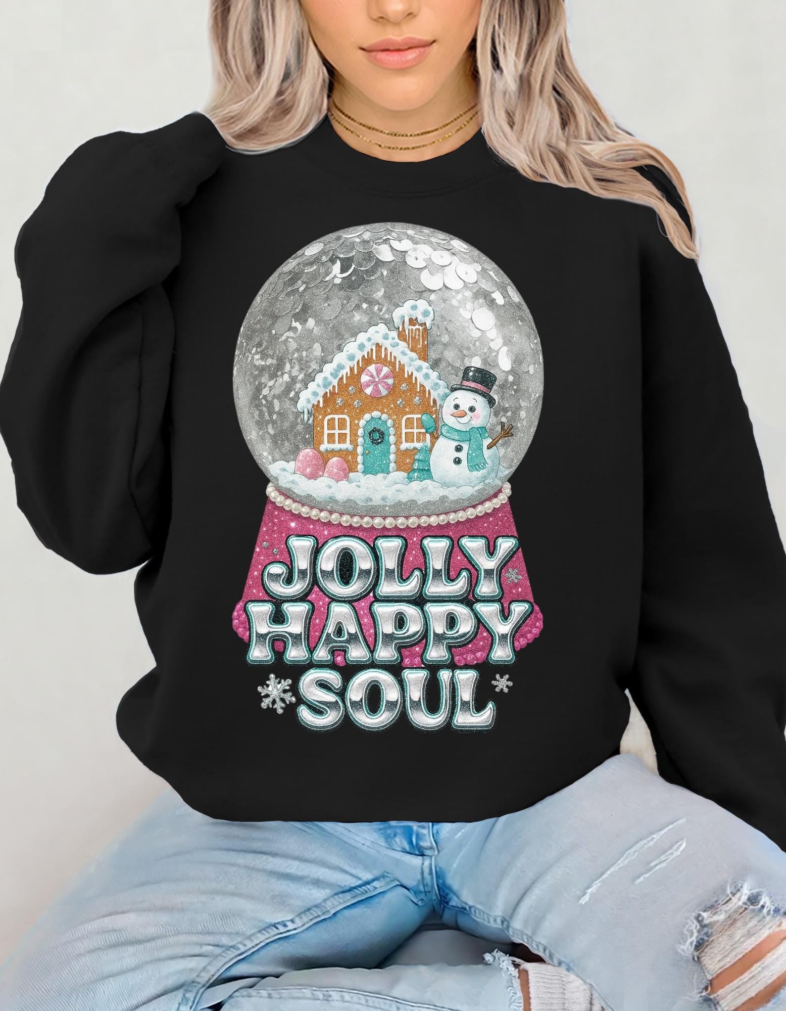 Gingerbread Snow Globe Jolly Happy Soul Christmas Holiday Crewneck Sweatshirt | Festive Winter Sweater