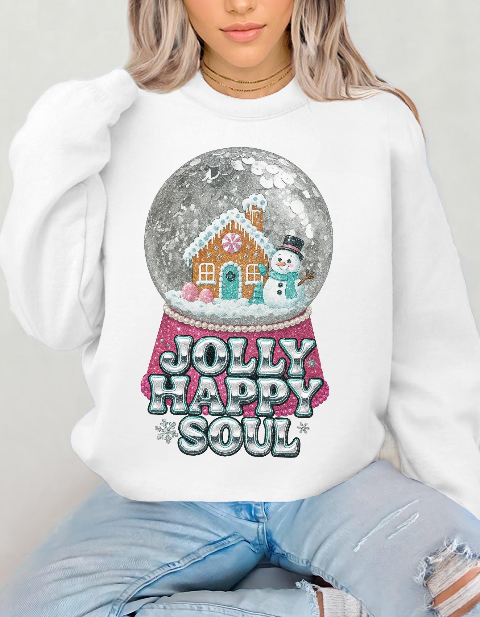 Gingerbread Snow Globe Jolly Happy Soul Christmas Holiday Crewneck Sweatshirt | Festive Winter Sweater