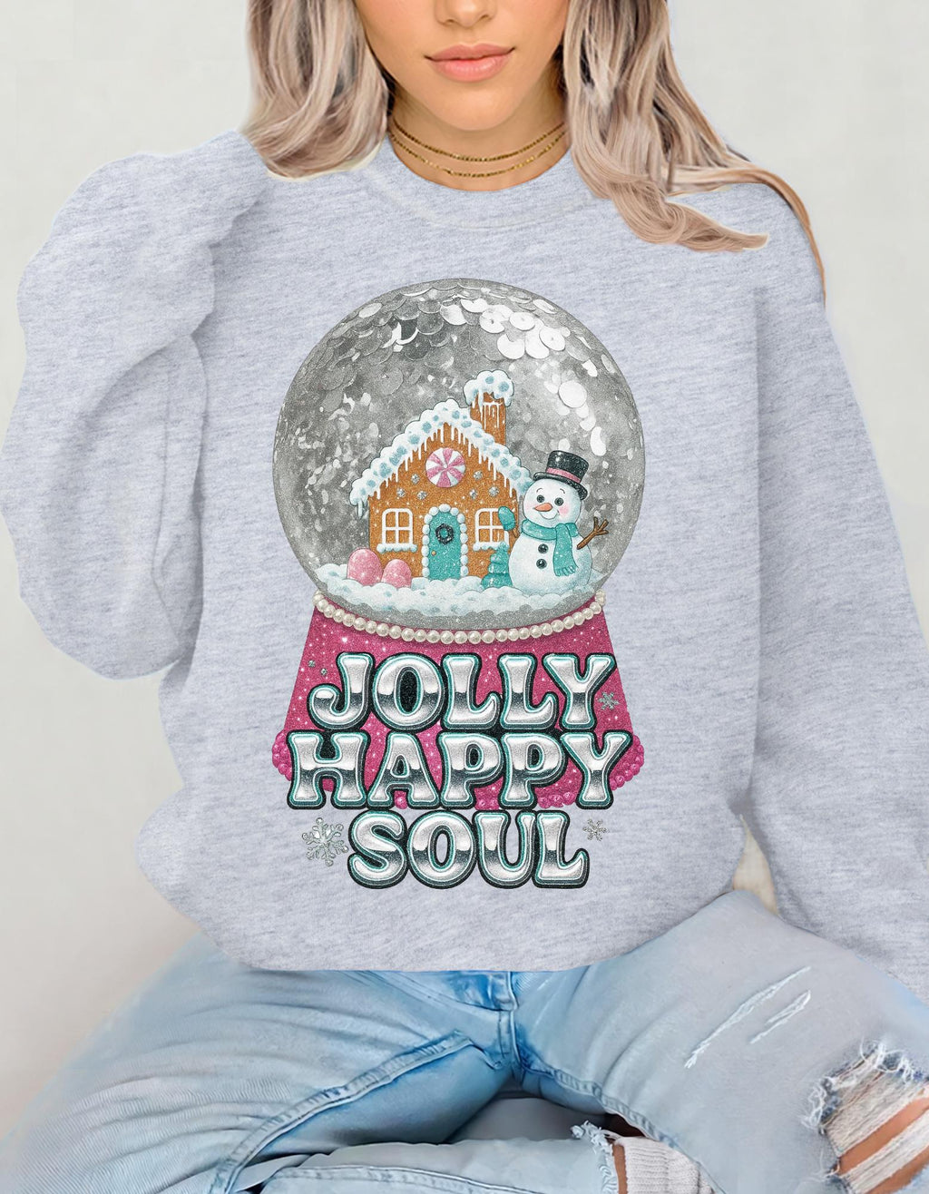 Gingerbread Snow Globe Jolly Happy Soul Christmas Holiday Crewneck Sweatshirt | Festive Winter Sweater