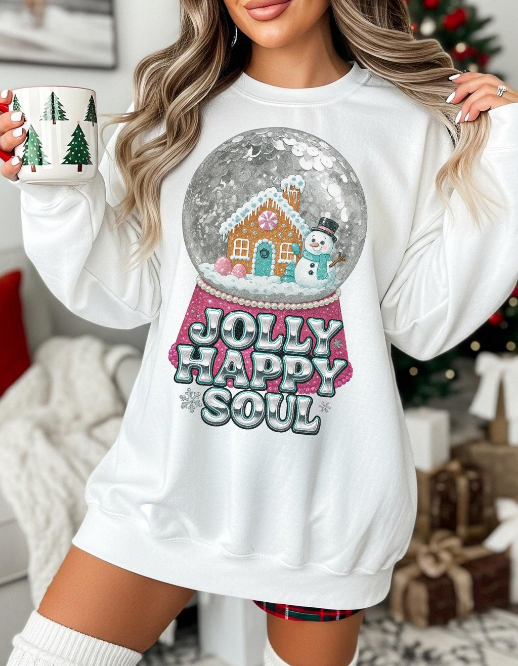 Gingerbread Snow Globe Jolly Happy Soul Christmas Holiday Crewneck Sweatshirt | Festive Winter Sweater