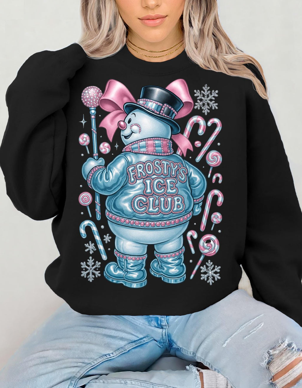 Frosty Ice Club Snowman Sweater Sweatshirt | Candy Cane Winter Holiday Design Crewneck Jumper