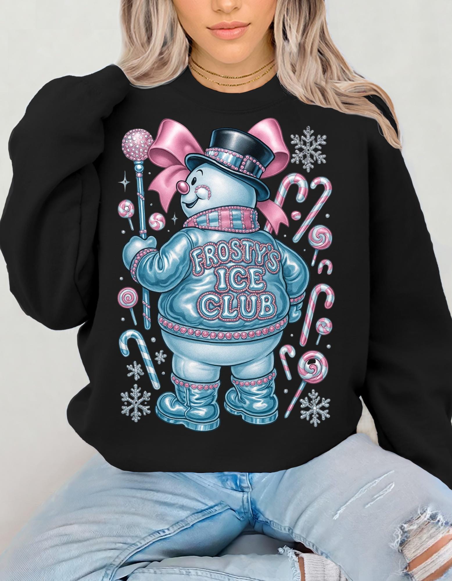Frosty Ice Club Snowman Sweater Sweatshirt | Candy Cane Winter Holiday Design Crewneck Jumper
