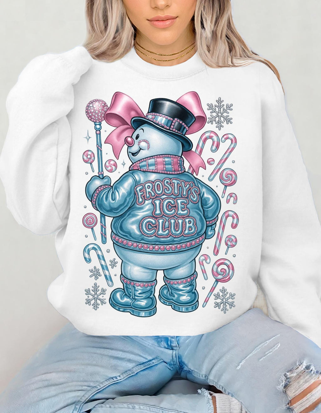 Frosty Ice Club Snowman Sweater Sweatshirt | Candy Cane Winter Holiday Design Crewneck Jumper