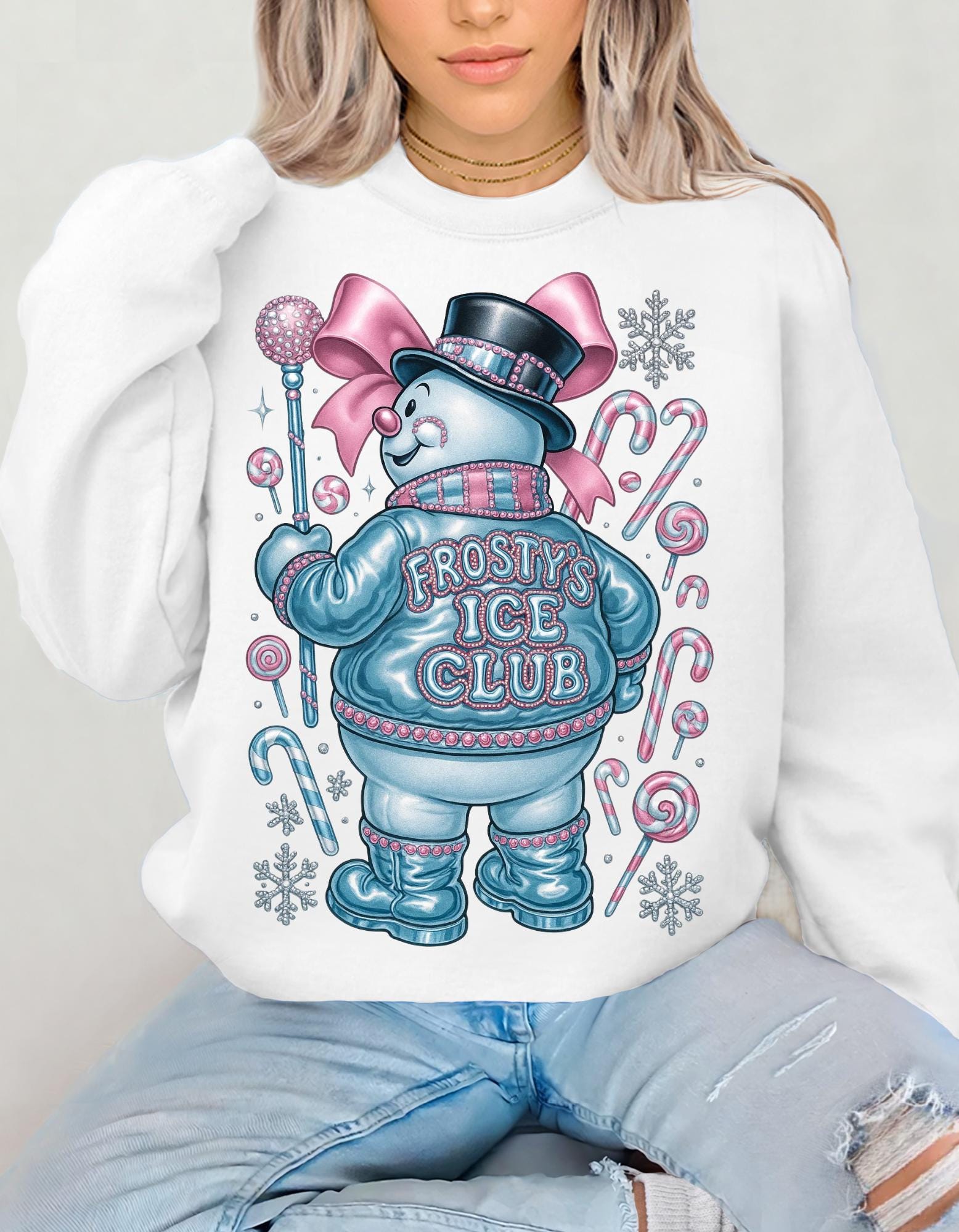 Frosty Ice Club Snowman Sweater Sweatshirt | Candy Cane Winter Holiday Design Crewneck Jumper