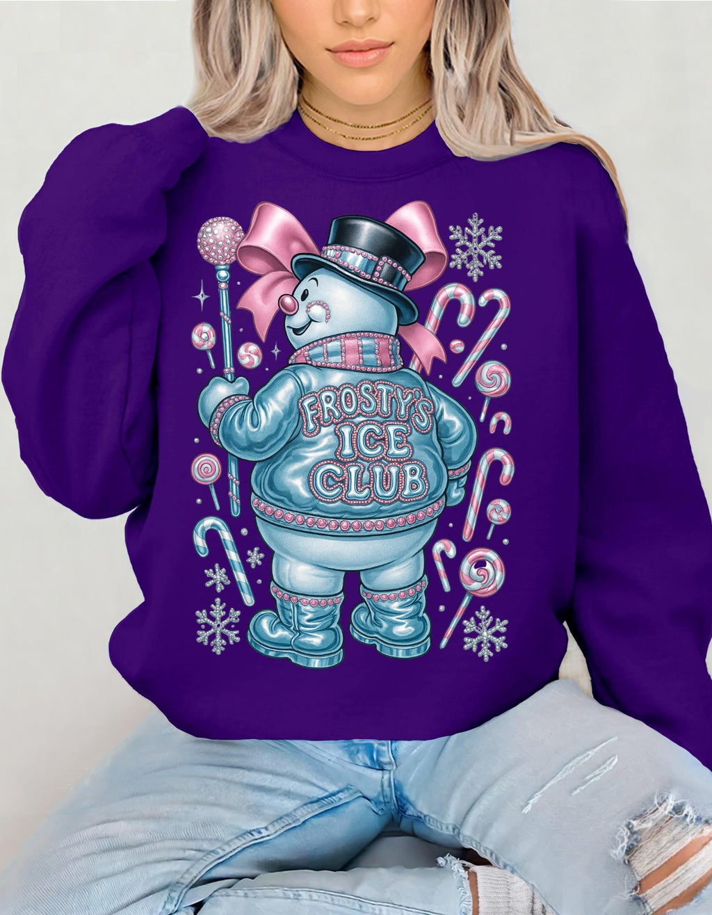 Frosty Ice Club Snowman Sweater Sweatshirt | Candy Cane Winter Holiday Design Crewneck Jumper