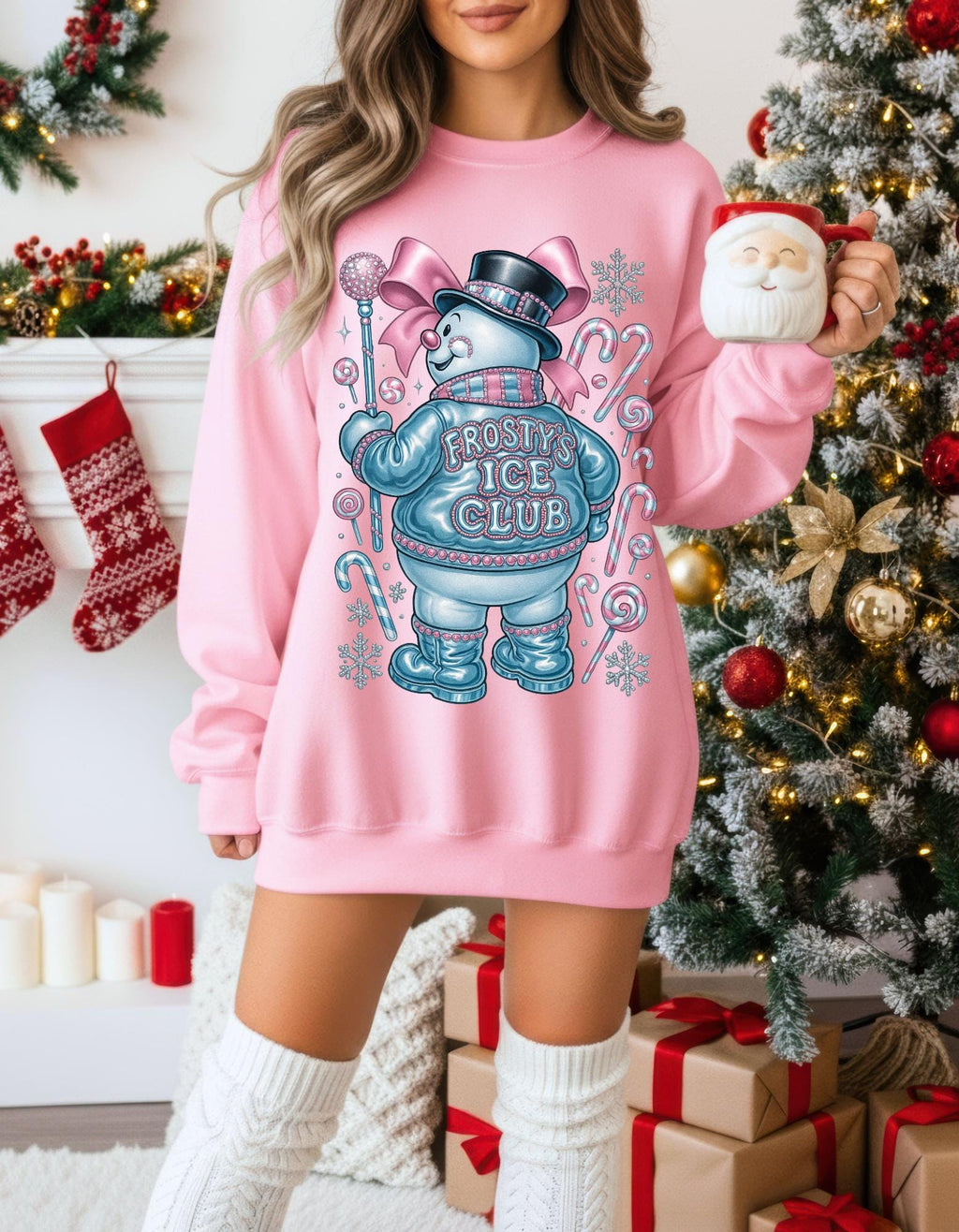 Frosty Ice Club Snowman Sweater Sweatshirt | Candy Cane Winter Holiday Design Crewneck Jumper