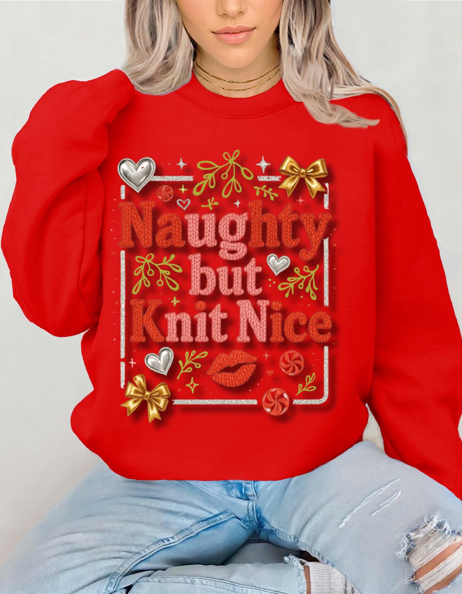 Knit Nice Unisex Crewneck Sweatshirt, Naughty Christmas Jumper, Cozy Winter Pullover, Funny Holiday Top, Gift for Knitters