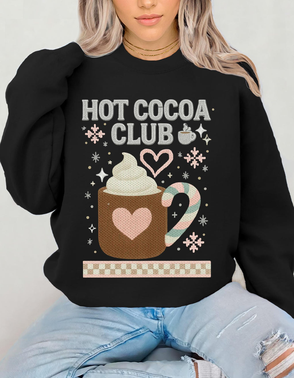 Hot Cocoa Club Y2K Retro Christmas Crewneck Sweatshirt Holiday Winter Pullover Gift