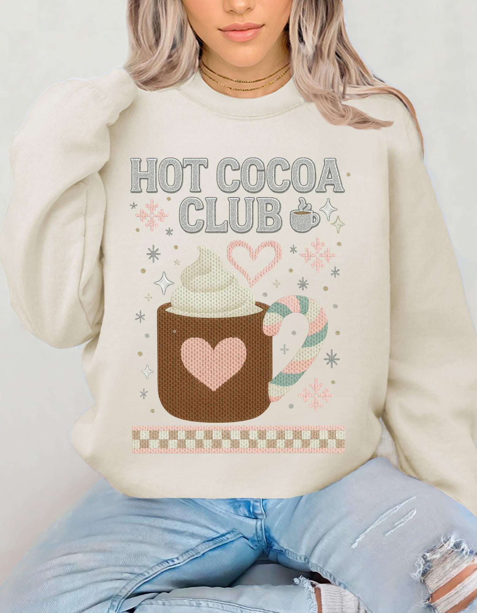 Hot Cocoa Club Y2K Retro Christmas Crewneck Sweatshirt Holiday Winter Pullover Gift
