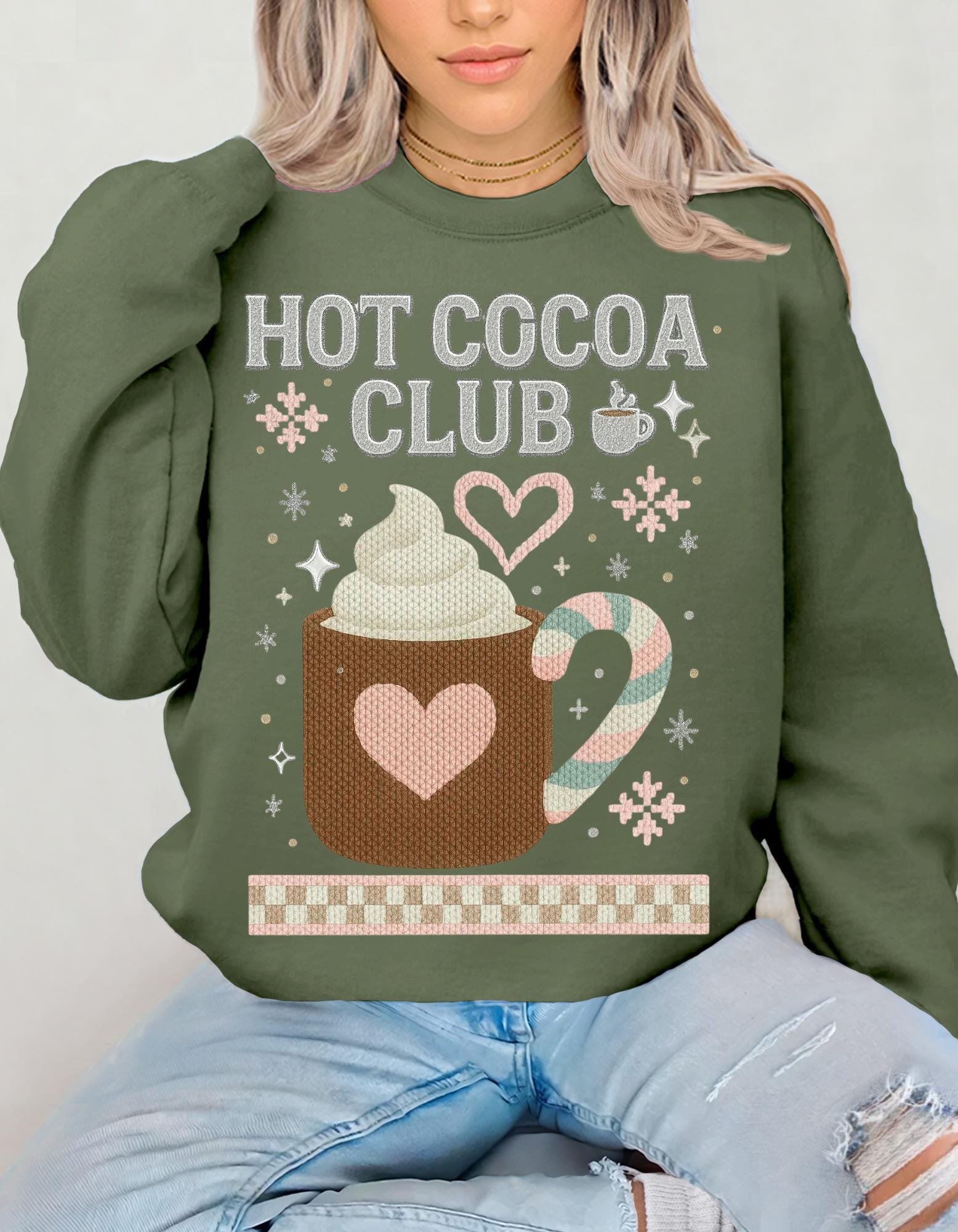 Hot Cocoa Club Y2K Retro Christmas Crewneck Sweatshirt Holiday Winter Pullover Gift