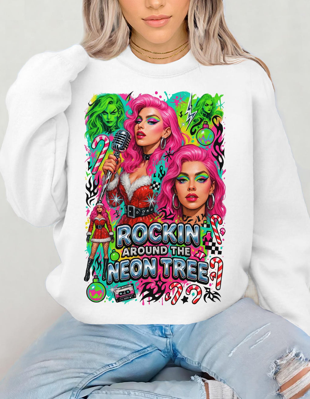 Neon Drag Queen Holiday Sweatshirt | Rockin' Around the Tree Art
