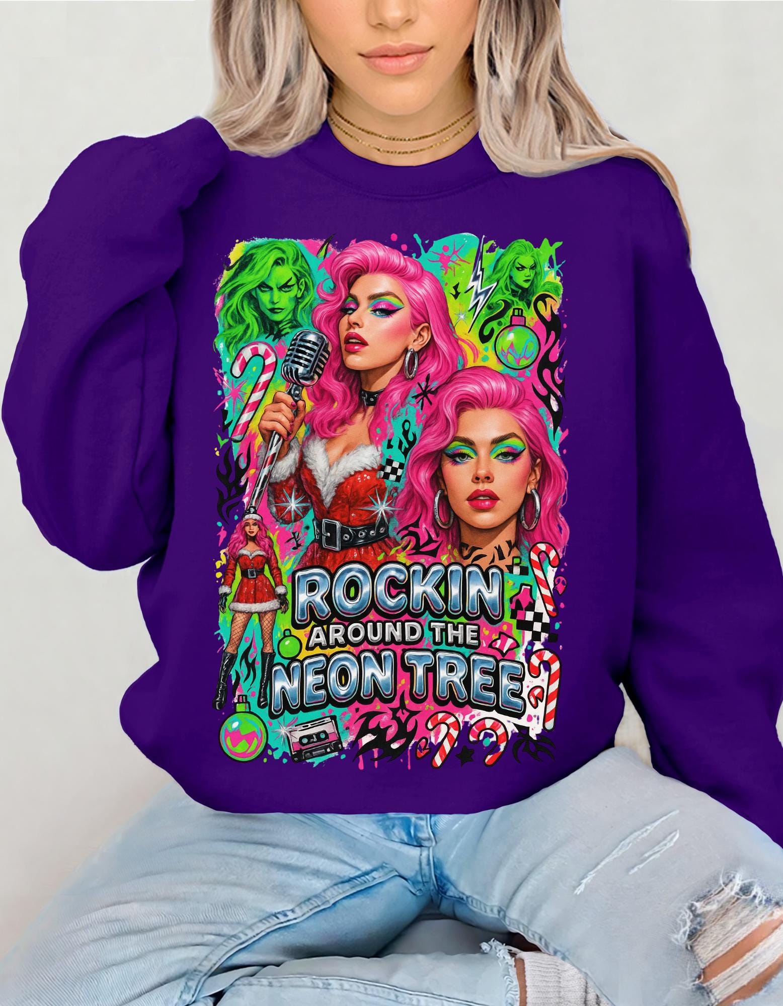 Neon Drag Queen Holiday Sweatshirt | Rockin' Around the Tree Art