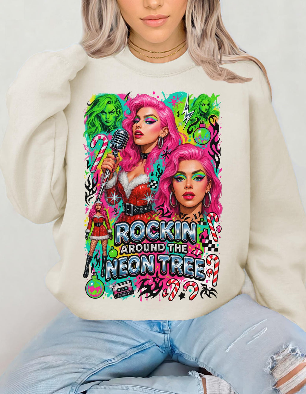 Neon Drag Queen Holiday Sweatshirt | Rockin' Around the Tree Art