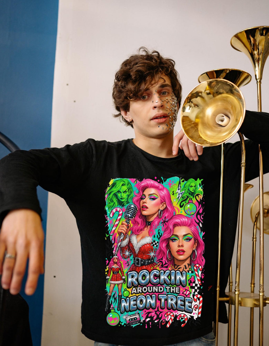 Neon Drag Queen Holiday Sweatshirt | Rockin' Around the Tree Art