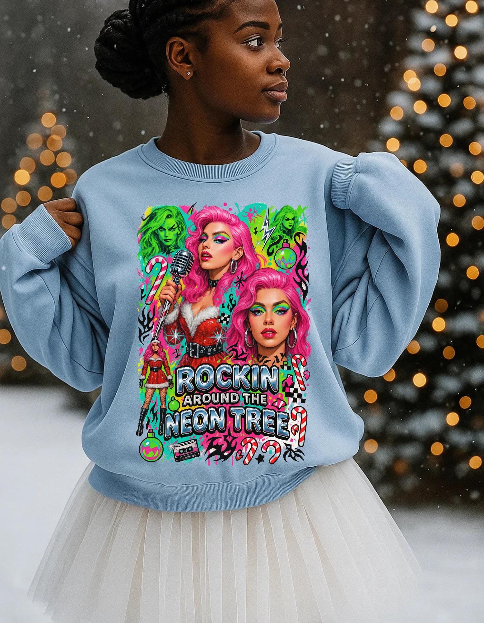 Neon Drag Queen Holiday Sweatshirt | Rockin' Around the Tree Art