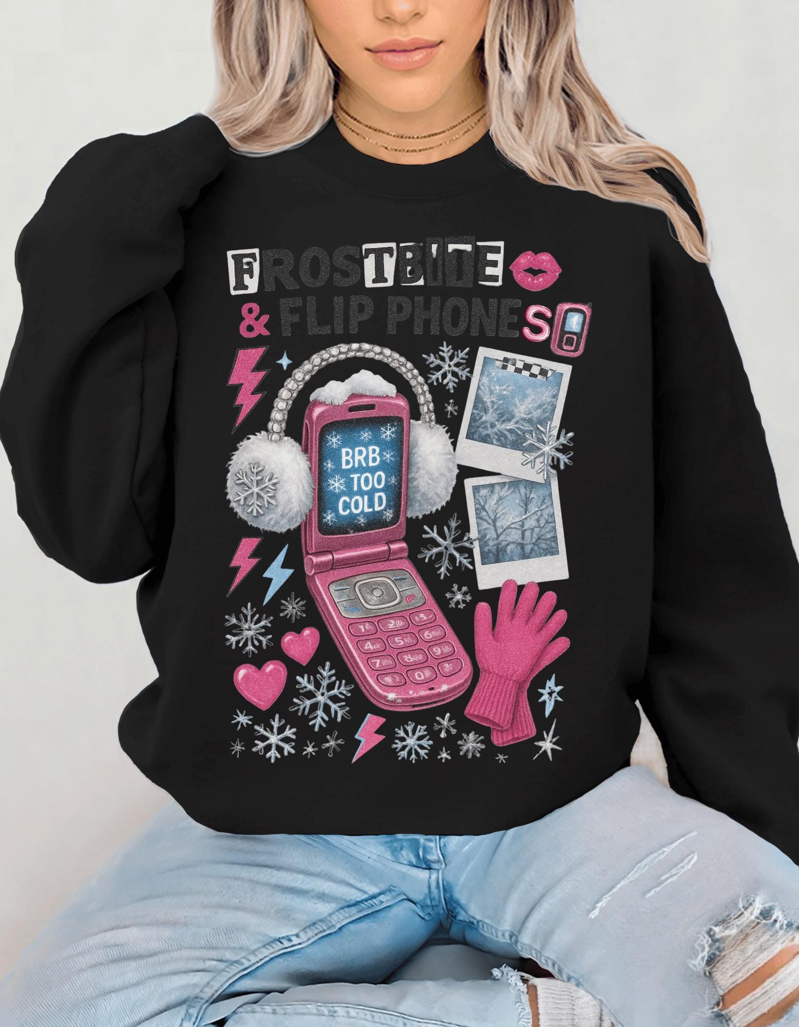 90s Retro Crewneck Sweatshirt, Flip Phones Winter Design