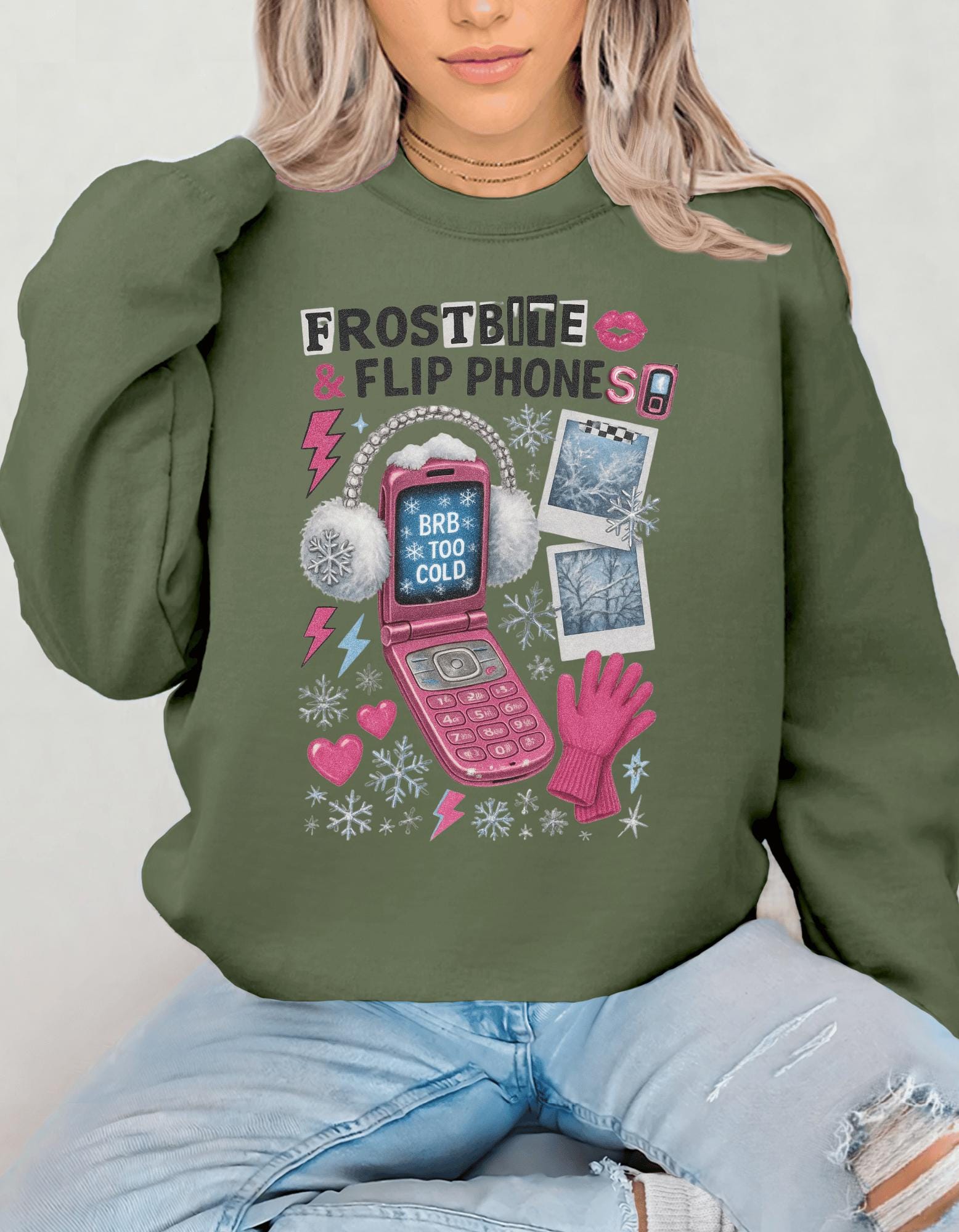 90s Retro Crewneck Sweatshirt, Flip Phones Winter Design