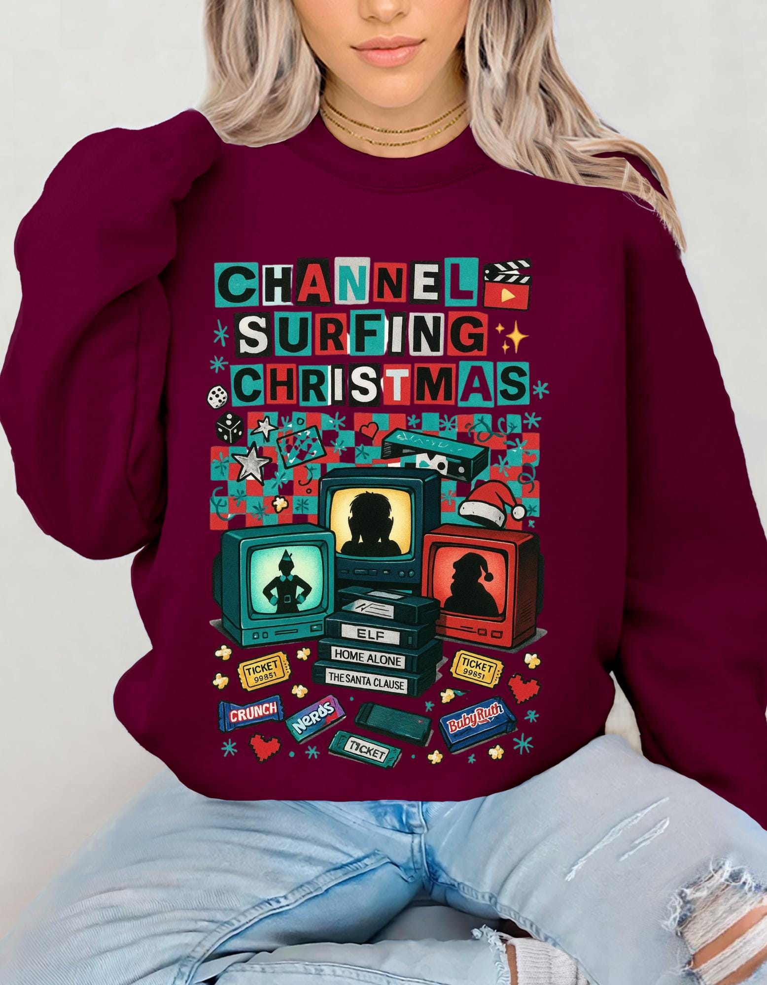 90s Channel Surfing Christmas Sweatshirt, Retro Holiday Crewneck