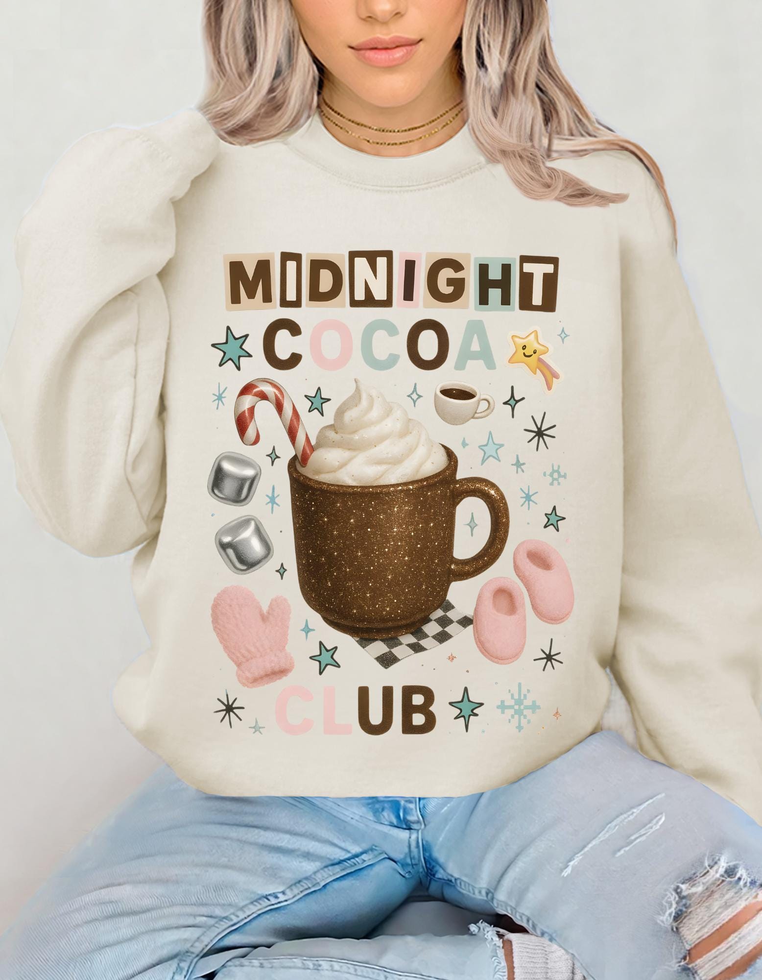 Midnight Cocoa Club Sweatshirt | Cozy Hot Chocolate Crewneck | Y2K Glitter Mug Holiday Christmas Sweater
