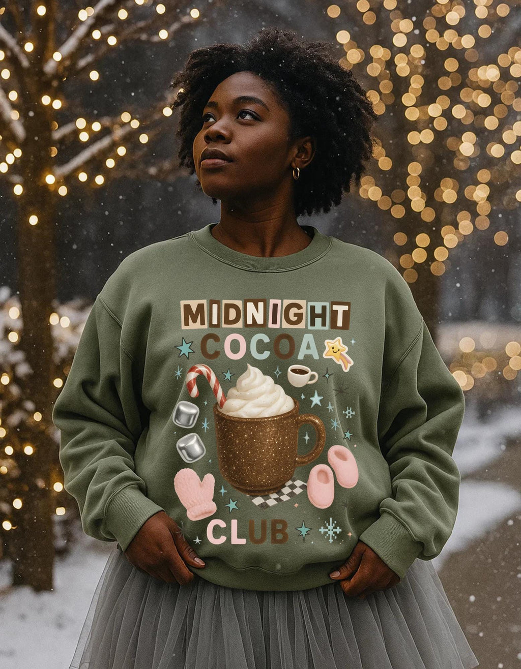 Midnight Cocoa Club Sweatshirt | Cozy Hot Chocolate Crewneck | Y2K Glitter Mug Holiday Christmas Sweater