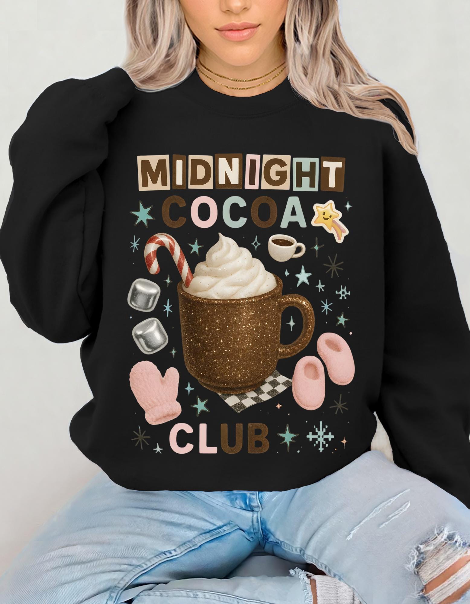Midnight Cocoa Club Sweatshirt | Cozy Hot Chocolate Crewneck | Y2K Glitter Mug Holiday Christmas Sweater