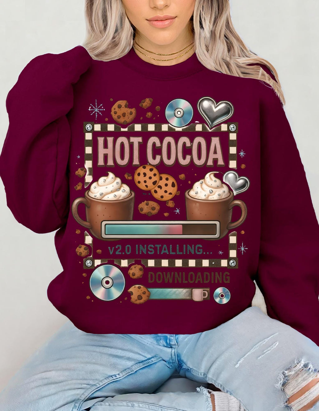 Cozy Hot Cocoa Crewneck Sweatshirt | Retro Y2K Christmas Sweater