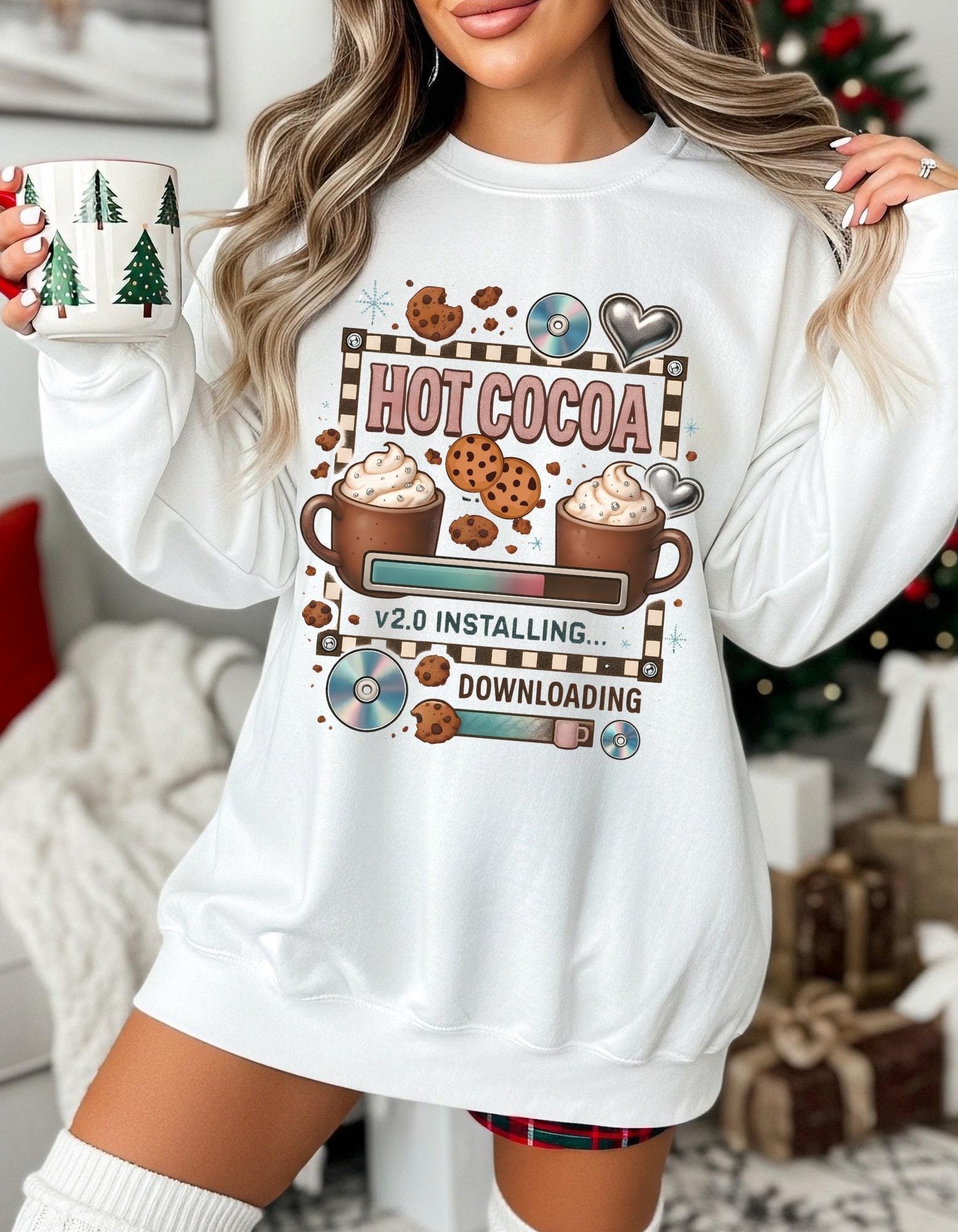 Cozy Hot Cocoa Crewneck Sweatshirt | Retro Y2K Christmas Sweater