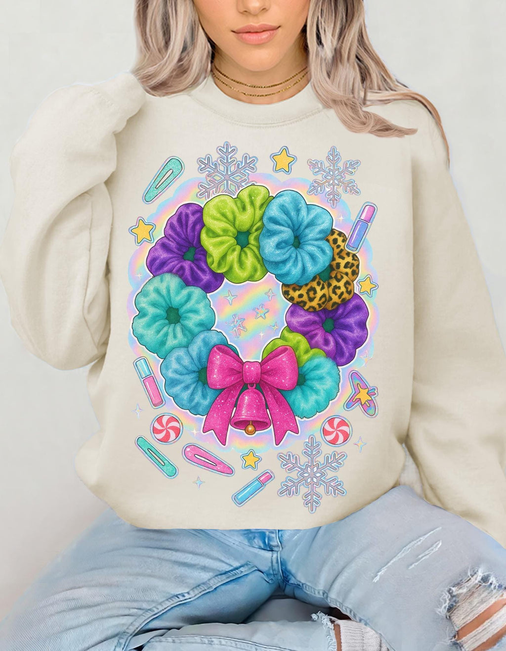 Colorful Scrunchie Wreath Sweatshirt | Pastel Hair Bows Stars Clips Kawaii Crewneck Pullover Gift
