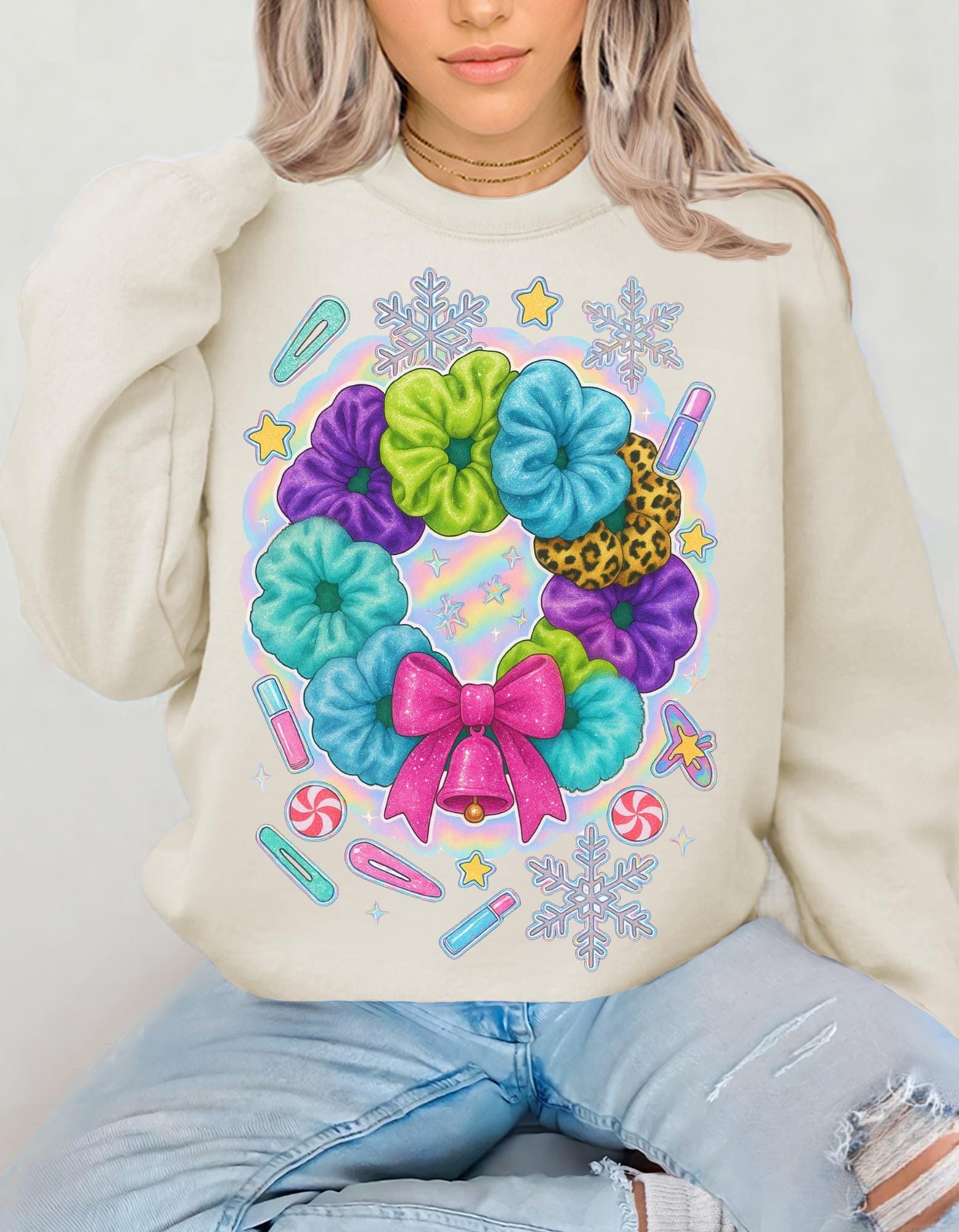 Colorful Scrunchie Wreath Sweatshirt | Pastel Hair Bows Stars Clips Kawaii Crewneck Pullover Gift