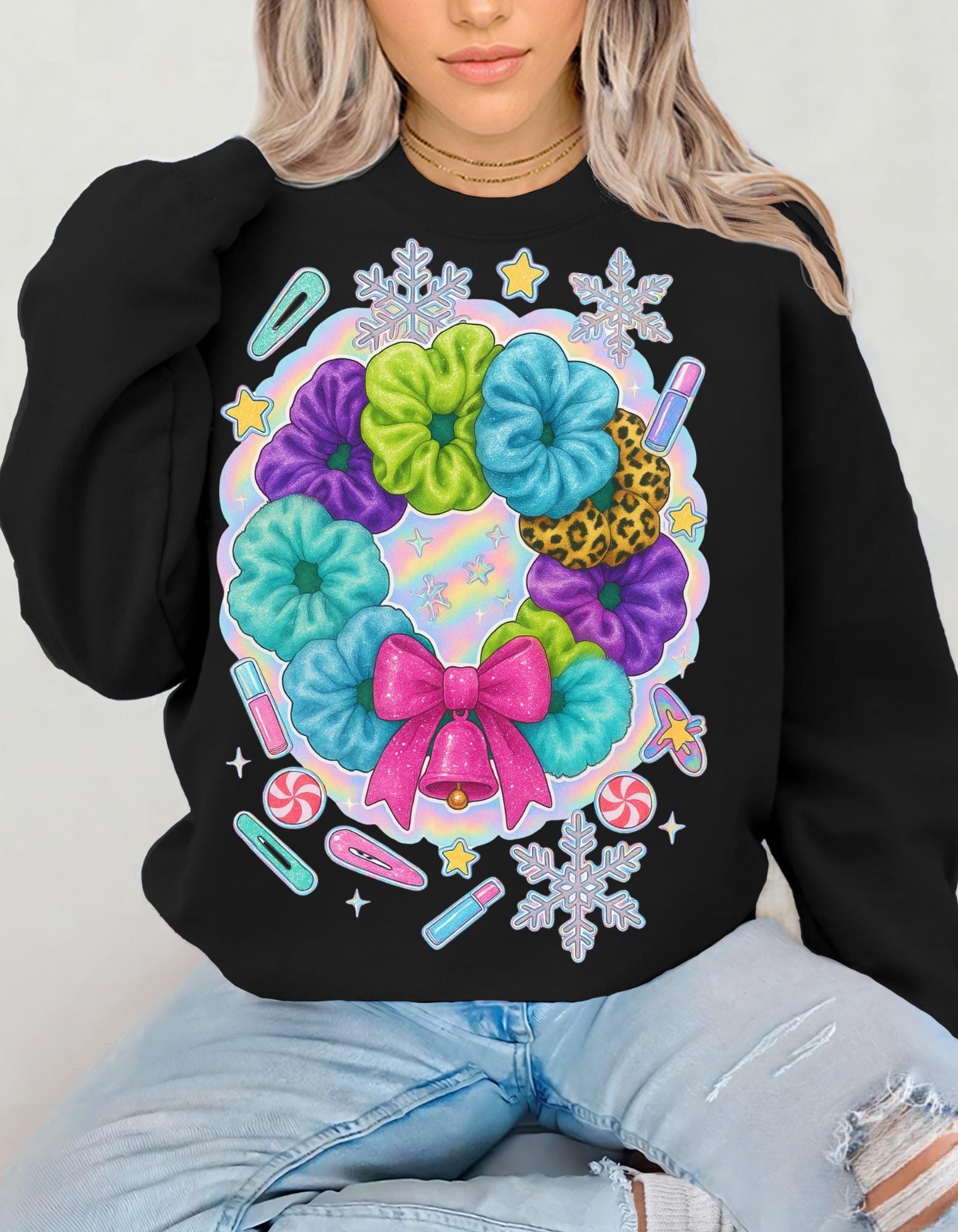 Colorful Scrunchie Wreath Sweatshirt | Pastel Hair Bows Stars Clips Kawaii Crewneck Pullover Gift