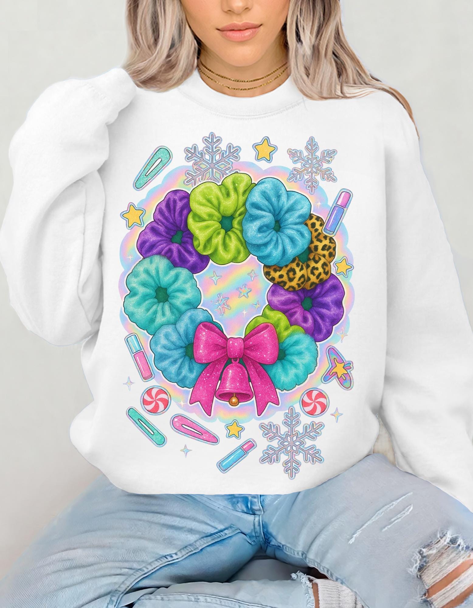 Colorful Scrunchie Wreath Sweatshirt | Pastel Hair Bows Stars Clips Kawaii Crewneck Pullover Gift