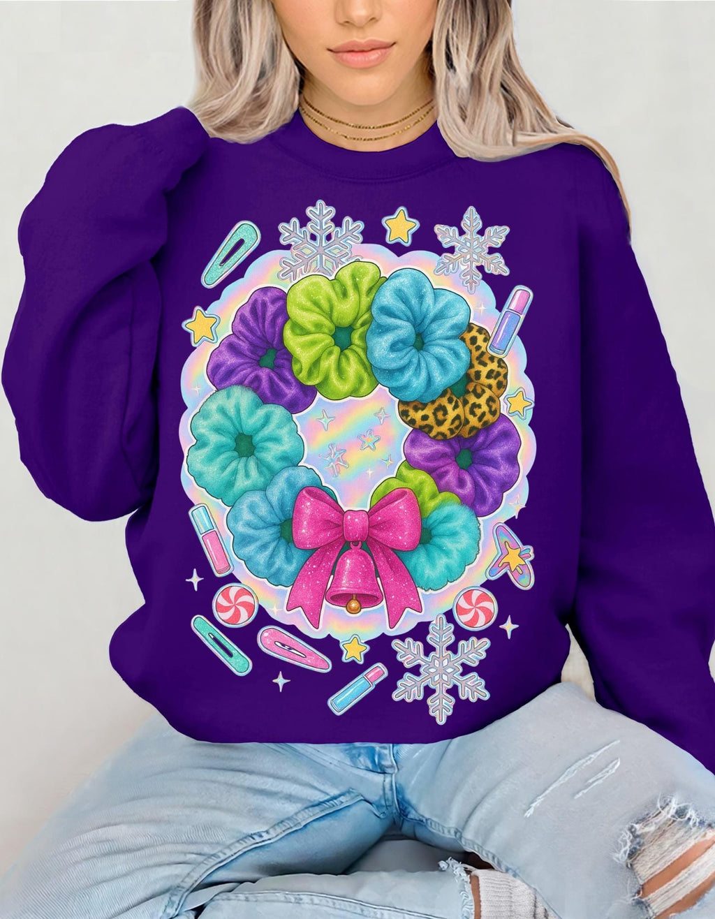 Colorful Scrunchie Wreath Sweatshirt | Pastel Hair Bows Stars Clips Kawaii Crewneck Pullover Gift