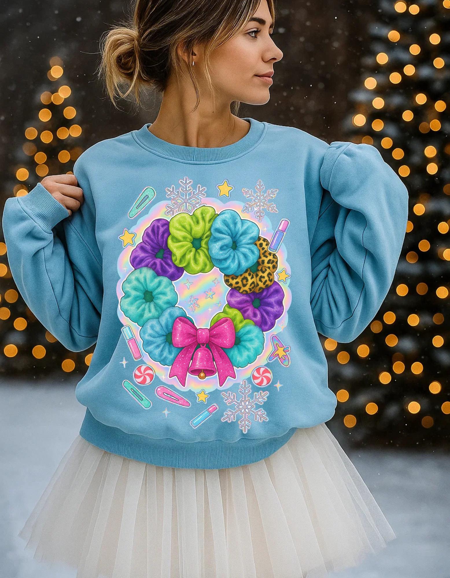 Colorful Scrunchie Wreath Sweatshirt | Pastel Hair Bows Stars Clips Kawaii Crewneck Pullover Gift