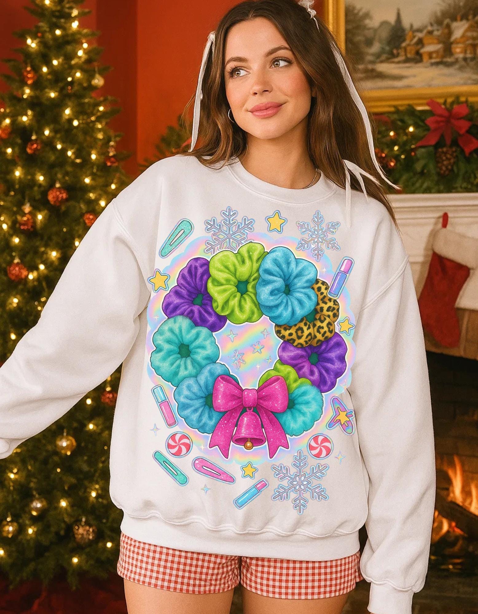 Colorful Scrunchie Wreath Sweatshirt | Pastel Hair Bows Stars Clips Kawaii Crewneck Pullover Gift