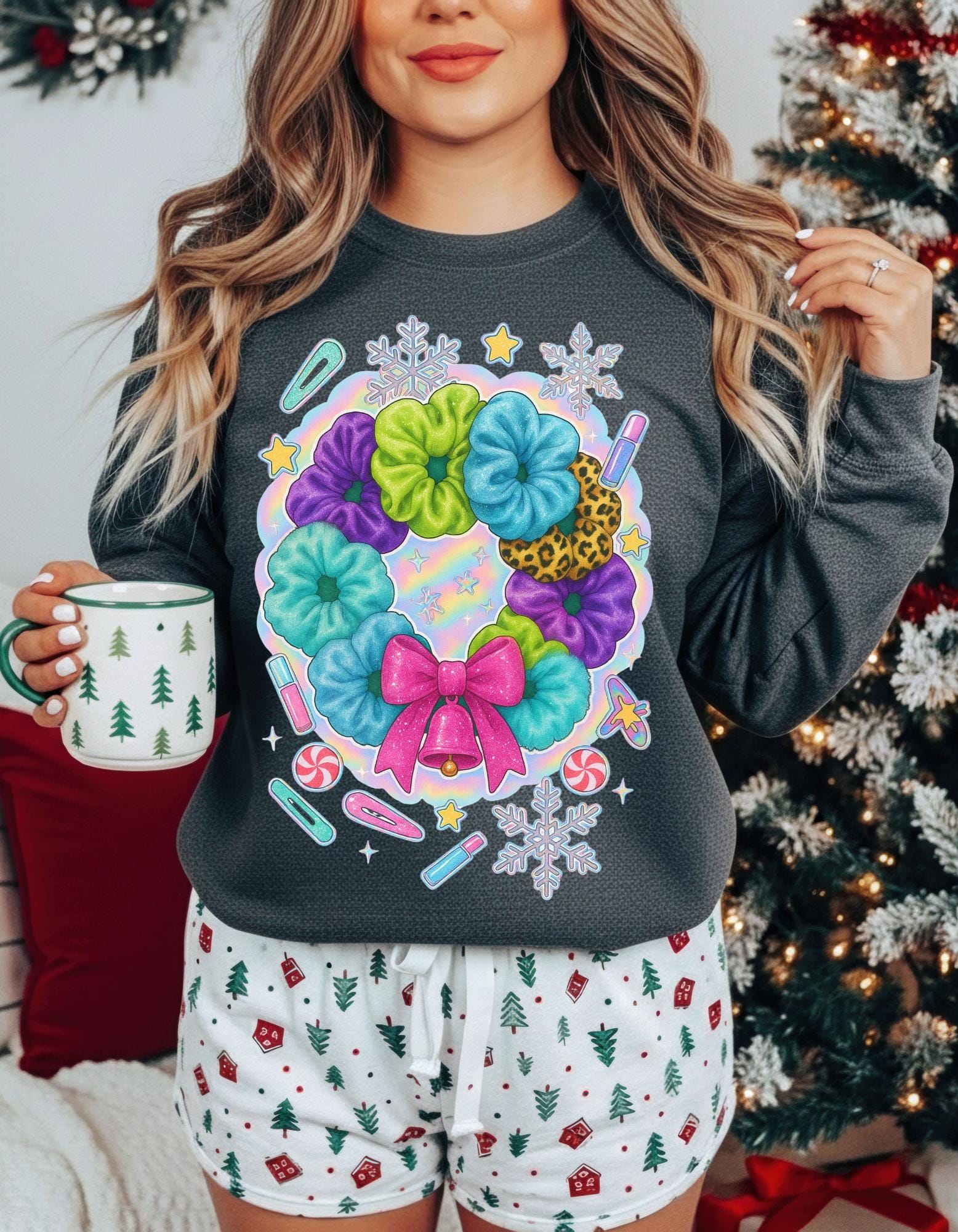 Colorful Scrunchie Wreath Sweatshirt | Pastel Hair Bows Stars Clips Kawaii Crewneck Pullover Gift