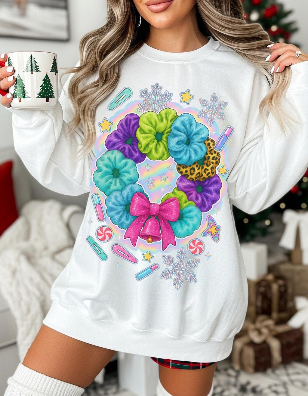 Colorful Scrunchie Wreath Sweatshirt | Pastel Hair Bows Stars Clips Kawaii Crewneck Pullover Gift