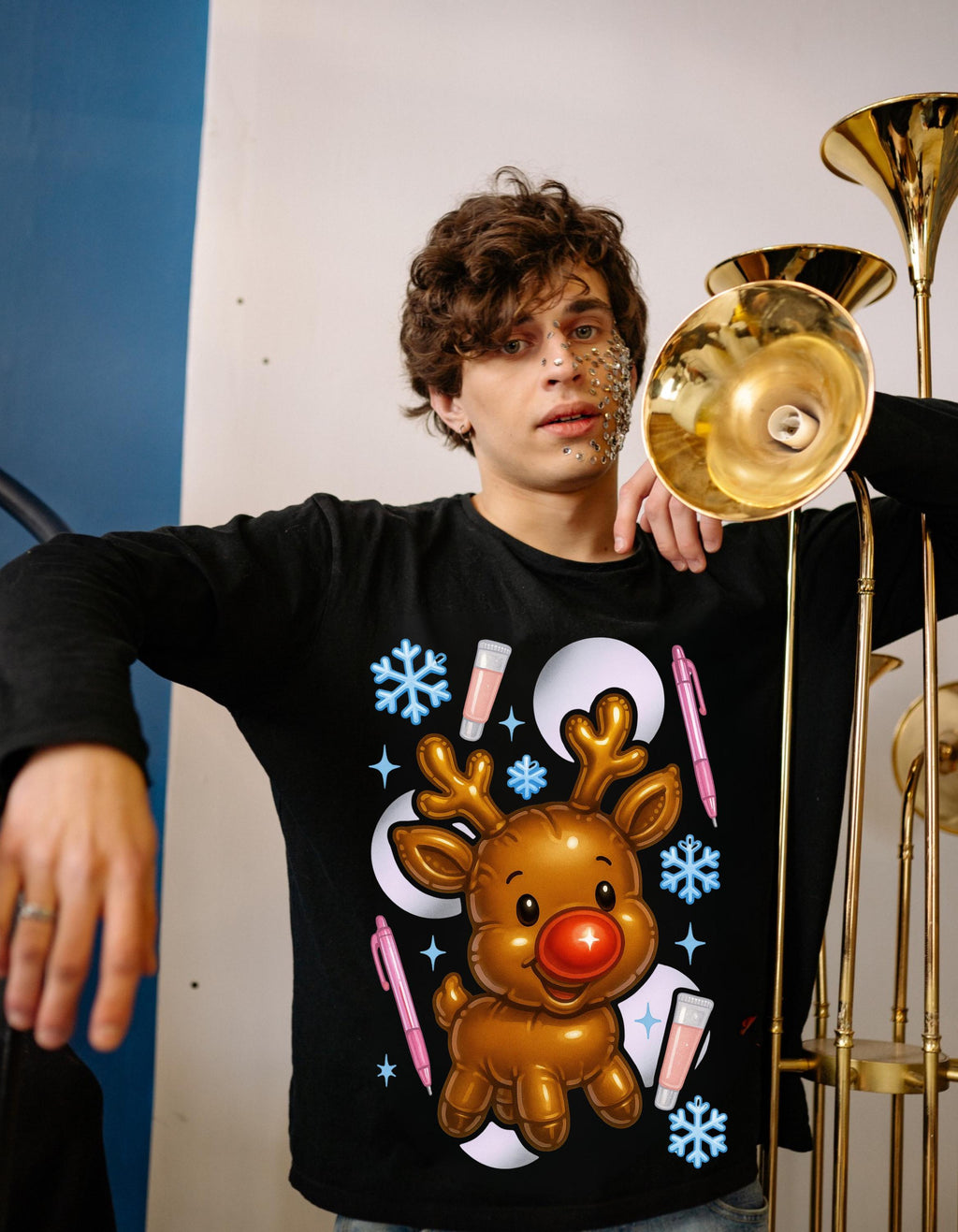 Rudolph Reindeer Christmas Crewneck Sweatshirt: Holiday Snowflake Design