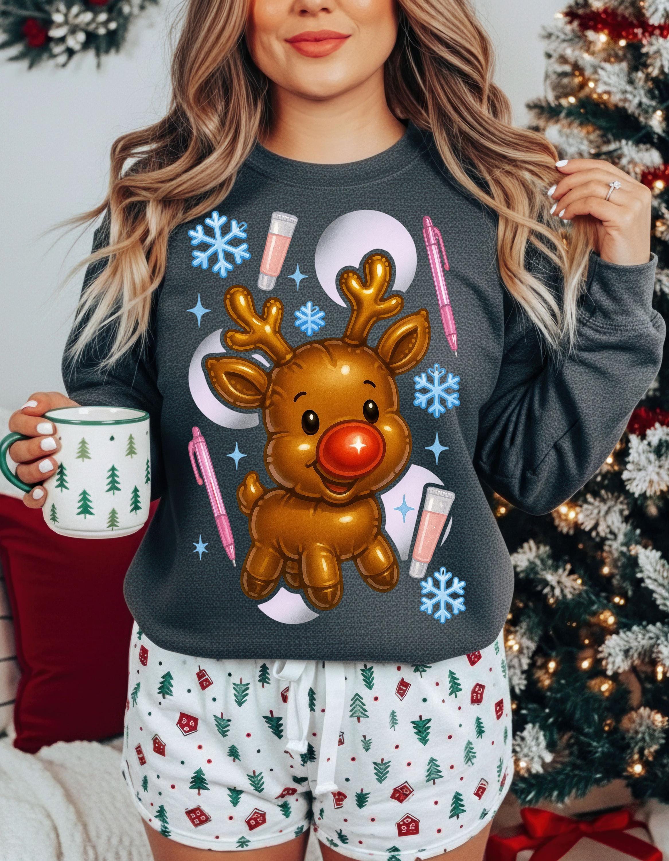 Rudolph Reindeer Christmas Crewneck Sweatshirt: Holiday Snowflake Design